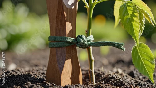Close-up of young tree sapling tied with green rope to wooden support stake. Gardening and sapling staking in fertile soil under sunlight. Agriculture concept