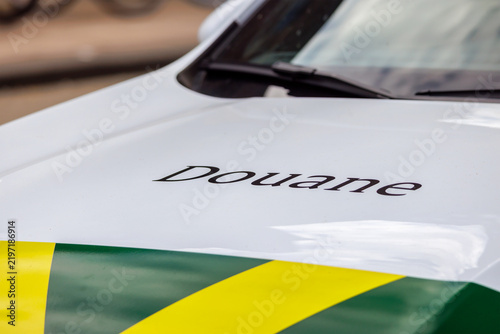 Close up of a customs border car with the Dutch text for 