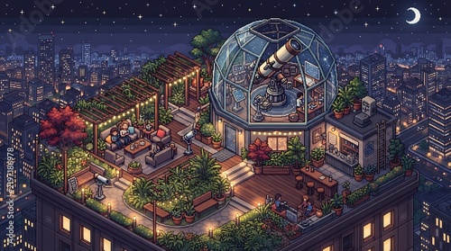 Pixel art rooftop observatory featuring a telescope and relaxing city lounge