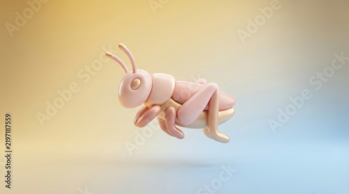 3D render of a cute stylized grasshopper insect isolated on a smooth gradient background
