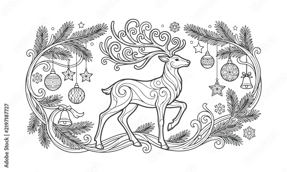 Obraz premium Cute Reindeer Christmas Coloring Page with Festive Holiday Decorations, Black and White Line Art