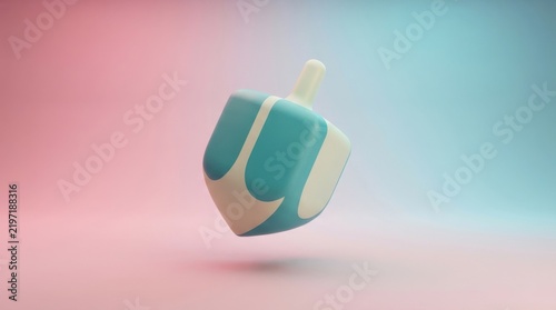 3D dreidel toy with blue and white color design on gradient background