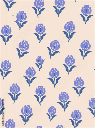 Seamless floral pattern repeating flower pastel background blue tulip decorative surface simple motif vintage style soft color