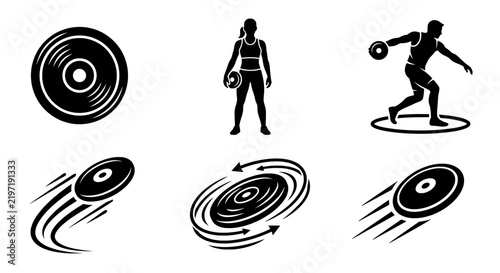 Professional discus throwing sports icons collection featuring athletic equipment and human silhouettes