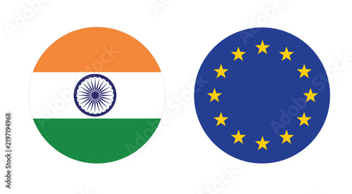 Flag of EU and India round icon.