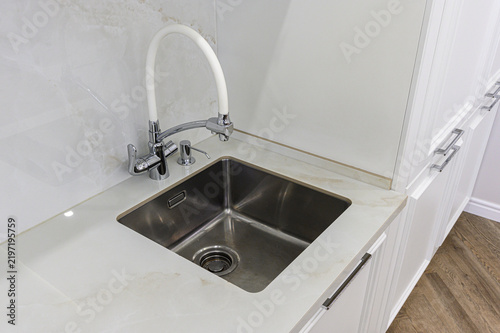 Принти на полотні Stainless steel undermount sink with white flexible gooseneck faucet and chrome