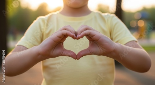 Child hands heart shape yellow shirt