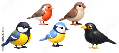 Songbirds, anime-style 3D rendering on a transparent background. Collection.