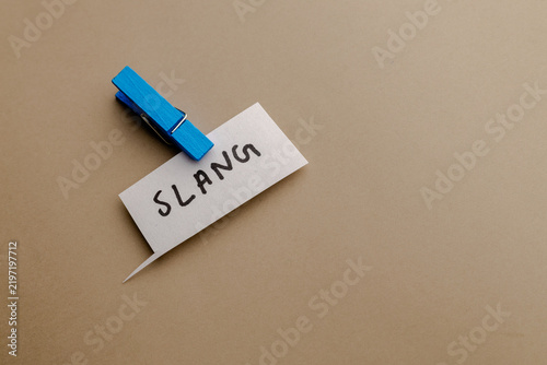Bild auf Leinwand A handwritten word slang on a paper speech bubble attached by a bright blue wood