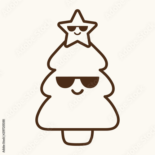 Cute cool Christmas tree character with star in sunglasses outline flat vector illustration for coloring book funny holiday line art design isolated