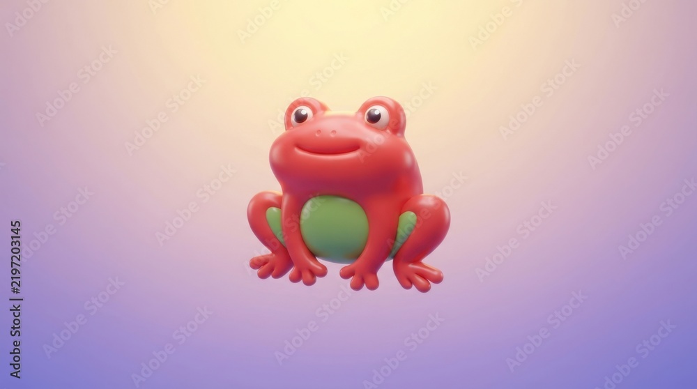 Fototapeta premium Cute 3D render of a cartoon red frog with a green belly isolated on a soft purple gradient