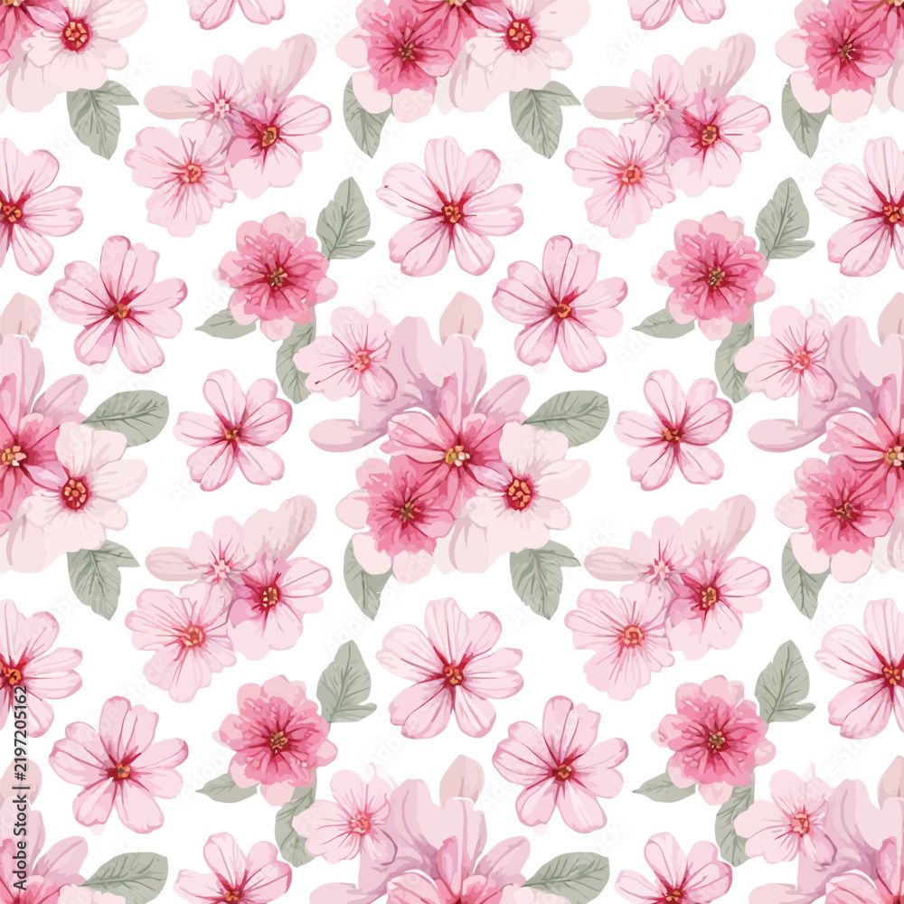 Fototapeta premium Soft pink floral pattern with watercolor blossoms and green leaves for decorative design.
