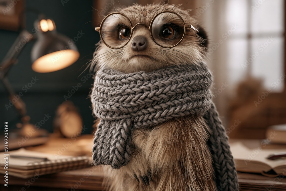 Obraz premium Stylish portrait of a pet meerkat wearing round glasses and a tiny scarf, sitting on a wooden desk, cozy home office background