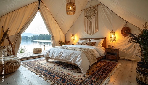 Luxury Bohemian Glamping Tent Bedroom Interior with Warm Lighting and Lakeside View
