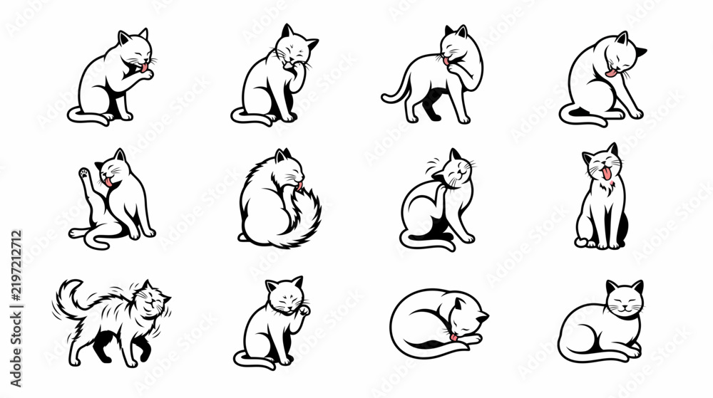 Obraz premium Collection of cats in various sitting and grooming poses on transparent background