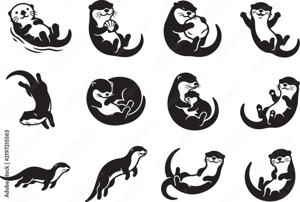 Fototapeta premium Cute otters set of 12 black and white vector illustration