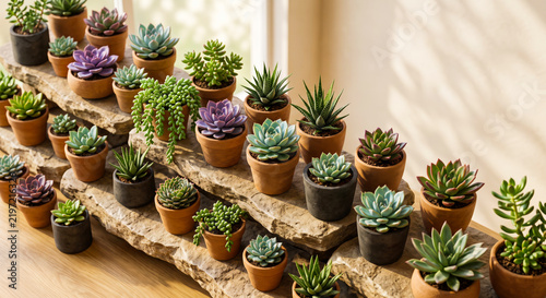 Colorful Succulent Collection With Vibrant Leaves And Natural Stone Styling