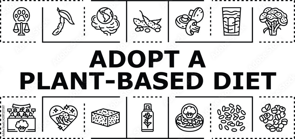 Obraz premium Adopt a plant-based diet banner infographic. Grains protein, health ecofriendly, organic vegan icon vector illustration