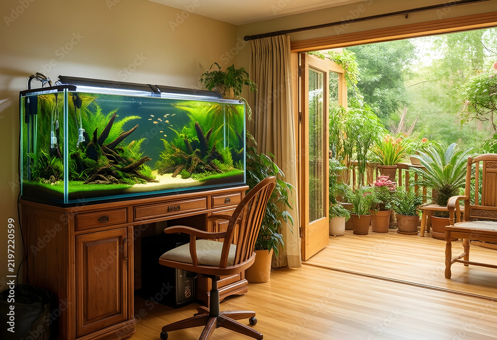 Fototapeta premium Biophilic design and wellness, home office interior with large planted aquarium and balcony garden view for stress relief and mental health balance