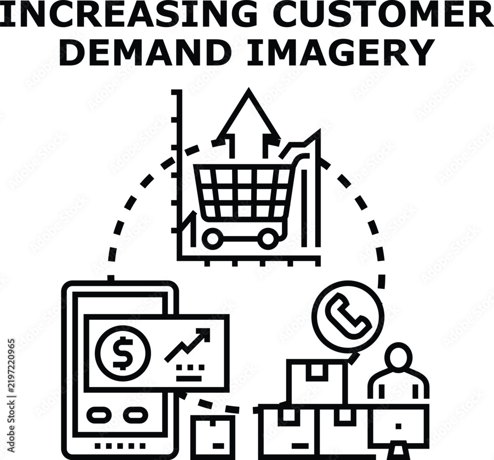 Obraz premium Concept illustration seeing a shopping cart with an upward arrow on a growing graph. A smartphone displaying a money icon and an upward trend chart. Stacked delivery boxes