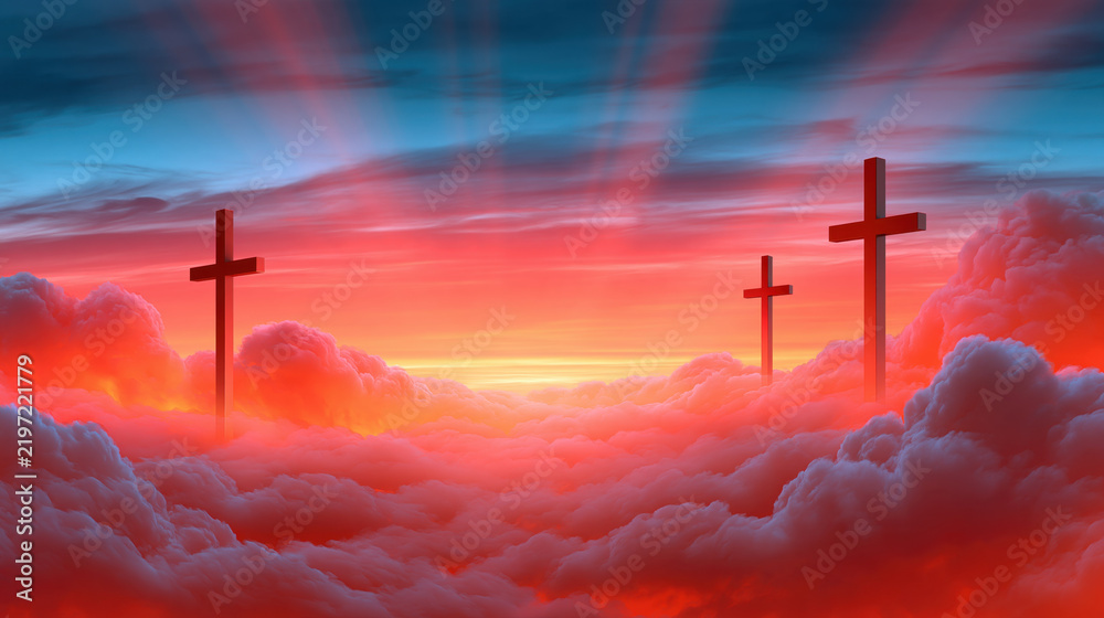 Obraz premium Religious sky with cross silhouettes above glowing cloud at sunrise