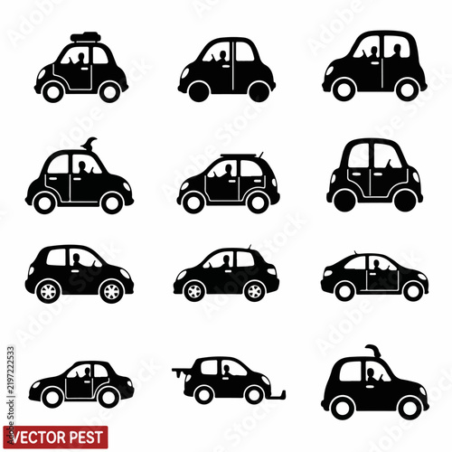 Playful otter kids vehicle silhouettes arranged on white background