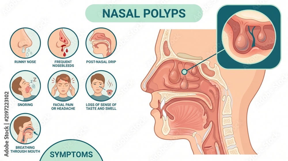 Obraz premium Nasal Polyps Symptoms and Nasal Cavity Anatomy Medical Infographic