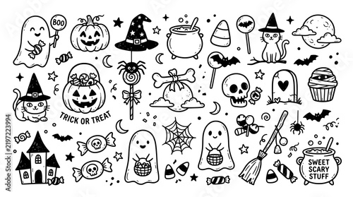 Minimalist Hand Drawn Black and White Halloween Doodle Set