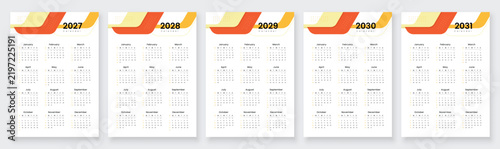 2027, 2028, 2029, 2030, 2031 year annual calendars. Printable vector illustration set. White background English language.