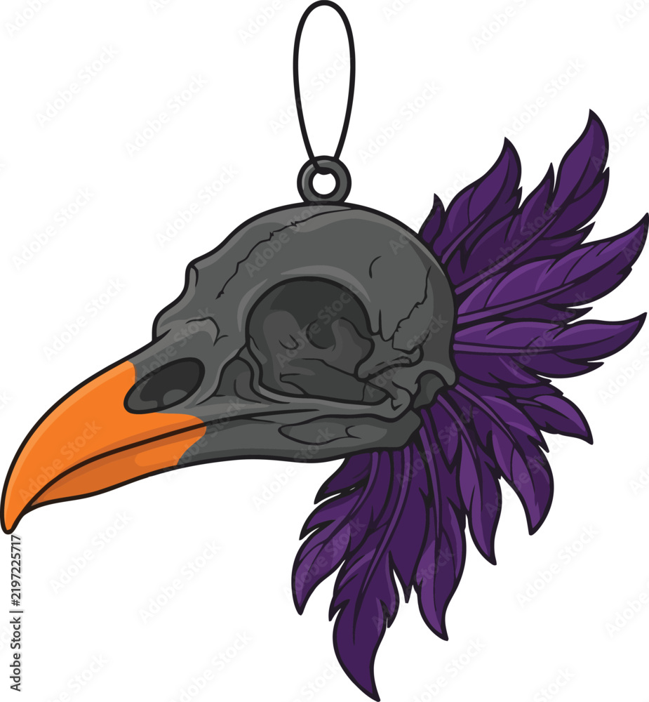 Obraz premium Illustration of a raven skull ornament with purple feathers and an orange beak.