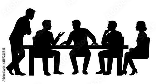Business Meeting Silhouette: A group of professionals in silhouette gather around a table, engaged in discussion, symbolizing collaboration and decision-making.