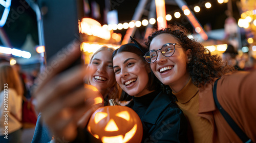 Three smiling teenage friends taking a selfie together while holding a glowing carved pumpkin at a brightly illuminated Halloween amusement park at night, festive autumn fun, with