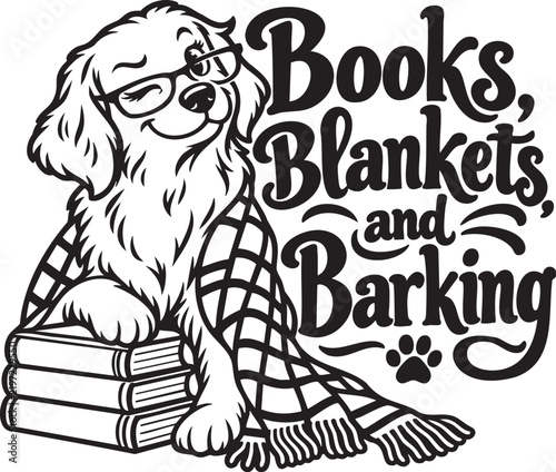 Cute Bookish Dog With Books Blankets and Barking Quote, Glasses, Book Stack and Cozy Blanket