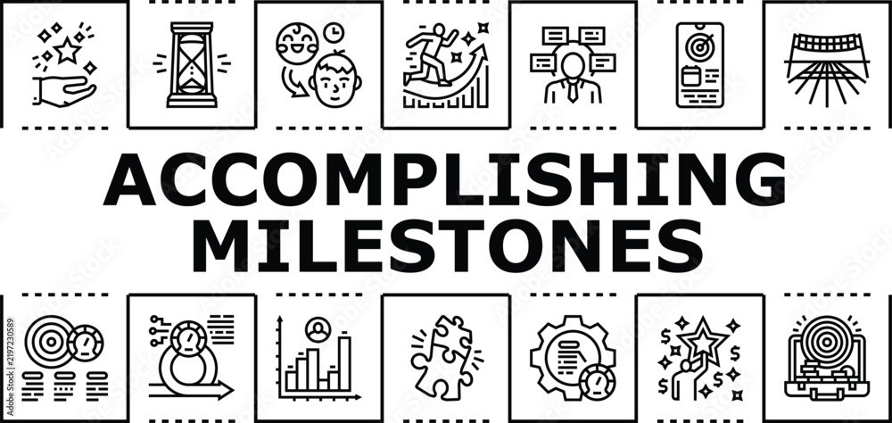Fototapeta premium Accomplishing milestones banner infographic. Progress results, perseverance goals, strategy dedication icon vector illustration