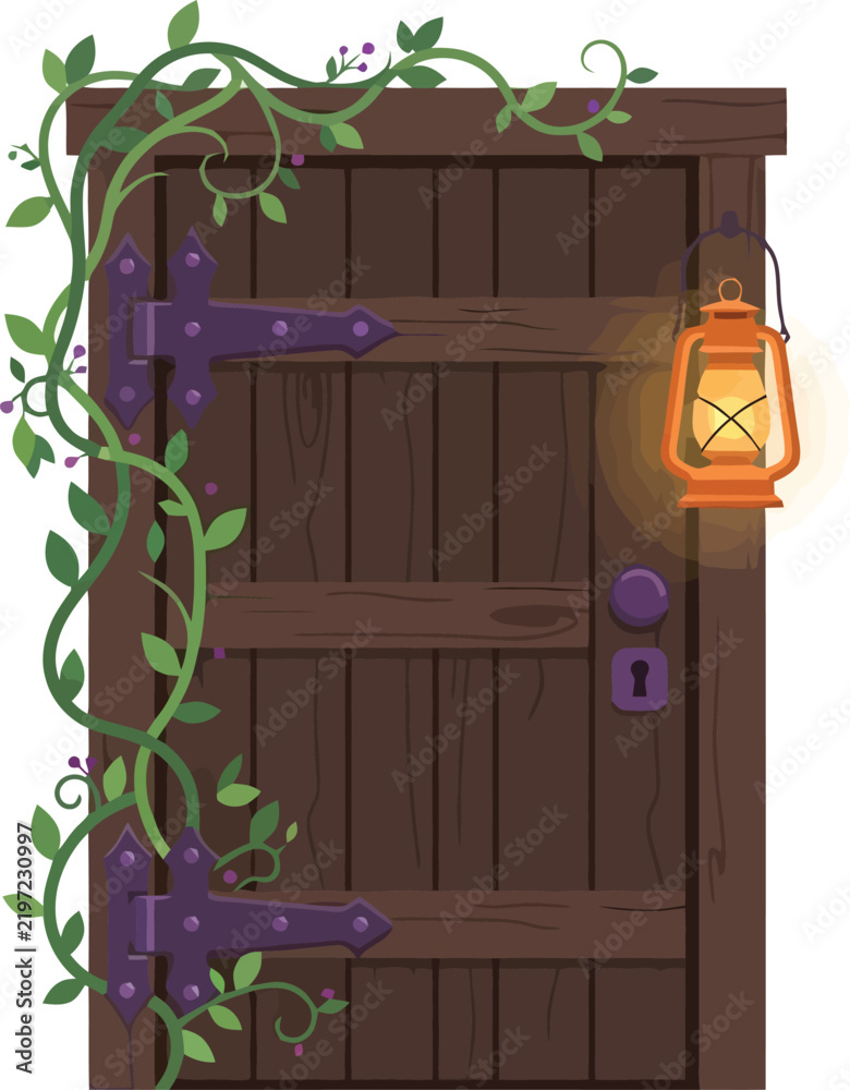 Obraz premium A rustic wooden door adorned with climbing vines and a glowing lantern.