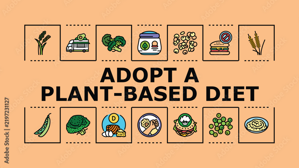 Obraz premium Adopt a plant-based diet banner infographic. Sustainable nutrition, vegan fruits, wellness protein icon vector illustration