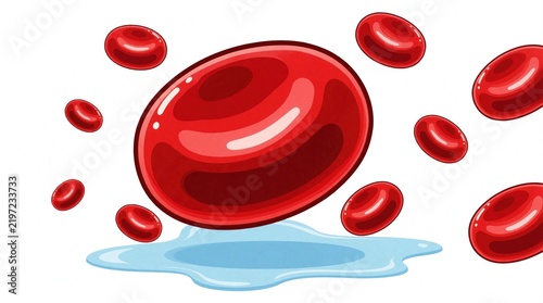 Red blood cells float in liquid. Microscopic view of red corpuscles, circulating in plasma. Illustration for science, medicine, health, and biology topics.