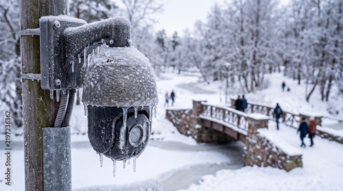 Frozen security camera operating in winter park
