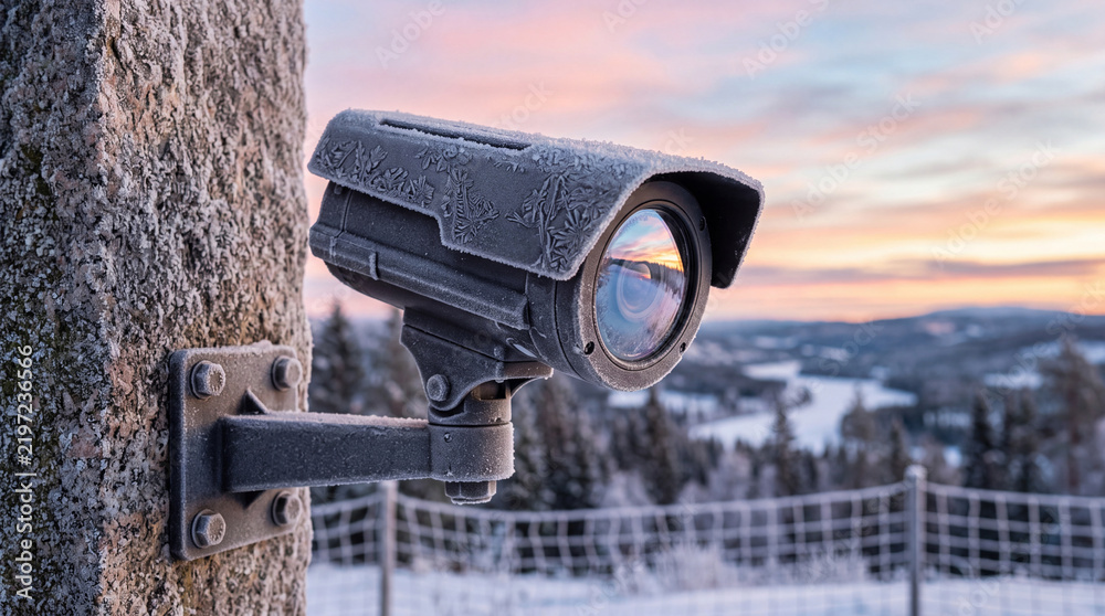 Fototapeta premium Security camera monitoring winter landscape outdoor view