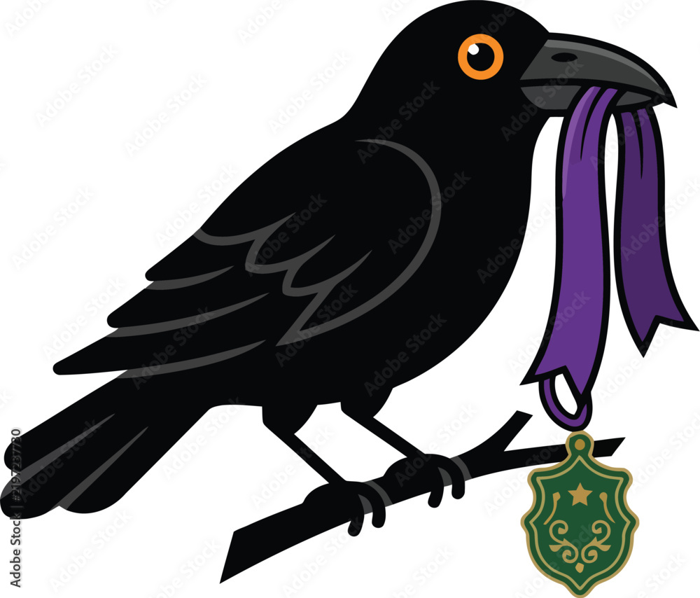 Obraz premium A stylized black crow perched on a branch holding a purple ribbon with a decorative green shield.