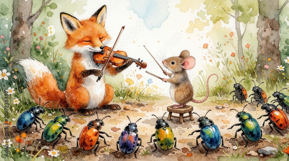 Obraz premium Whimsical watercolor scene shows fox playing violin while mouse conducts audience in forest. Charming woodland concert with nature animals, insects performing music outdoors in lively summer meadow.