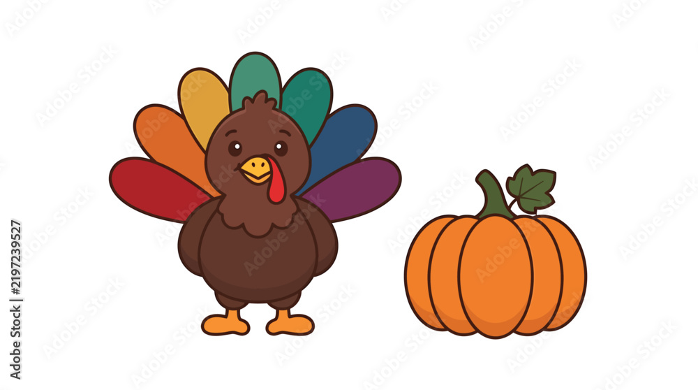 Fototapeta premium Pixel art turkey and orange pumpkin for thanksgiving holiday season