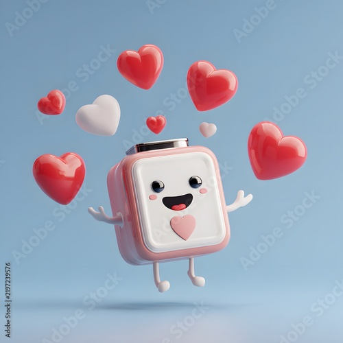 Cute animated square device character with smiling face surrounded by floating hearts on blue background