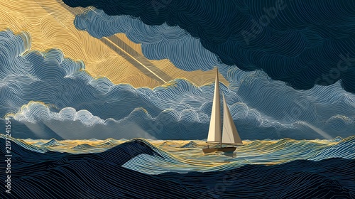 Sailboat Navigating Rough Seas Under Dark Storm Clouds in a Digital Artistic Style