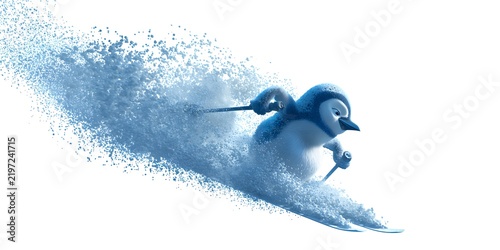 Young penguin sledding down snow-covered mountain with spray of snow behind it