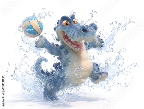 Playful Cartoon Alligator Enjoying Swimming and Playing with a Beach Ball