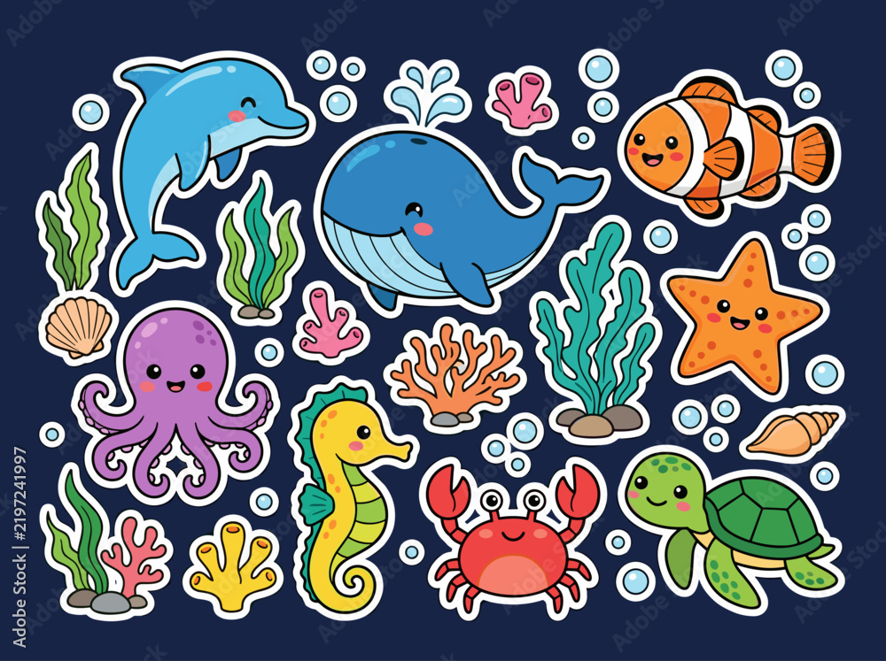 Fototapeta premium Cute Underwater Sea Animals Flat Design Icon Set with Dolphin Whale Clownfish Octopus Seahorse Crab Turtle Starfish and Coral