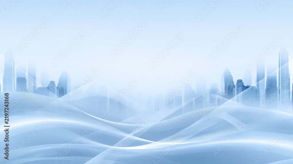Obraz premium Abstract cityscape blue wave white background clean background corporate presentation futuristic skyline soft light misty horizon modern city