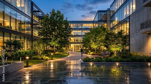 Serene modern university courtyard at twilight framed by contemporary glass buildings with warm pathway lights on stone pavement.