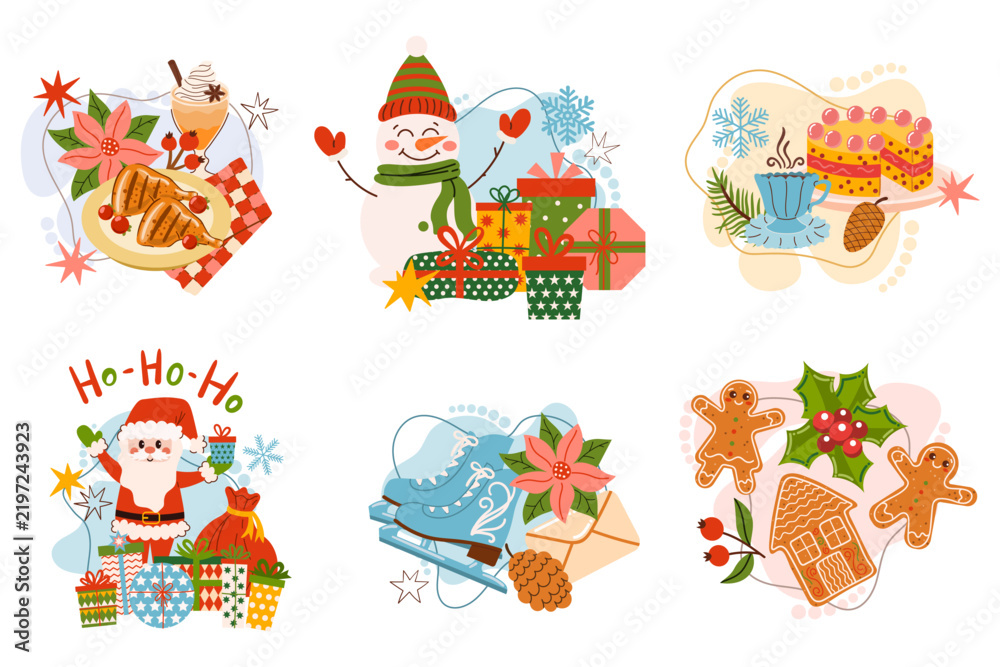 Fototapeta premium Christmas vector graphic set featuring six cute holiday illustrations including Santa Claus, a cheerful snowman, festive food and treats, ice skates, and gingerbread cookies isolated on white.